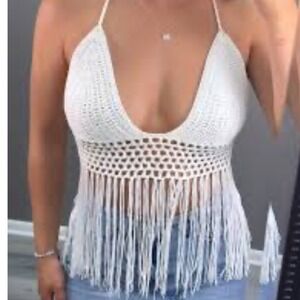 Windsor Crochet Halter Top XL White Fringe Boho Festival Knit